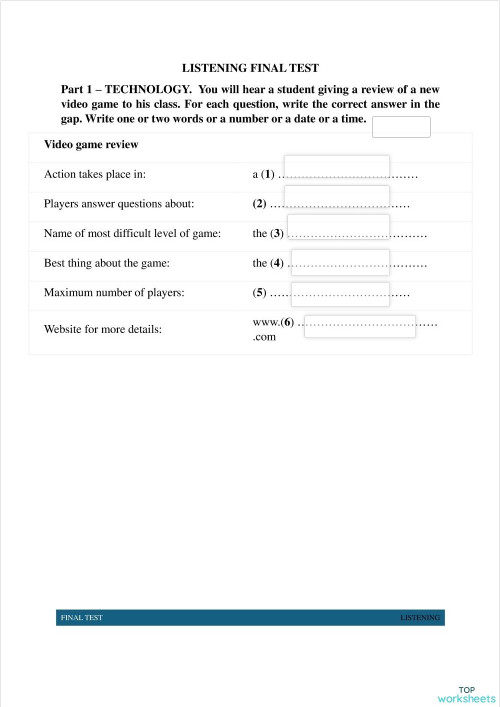 LISTENING FINAL TEST B1. Bài tập tương tác | TopWorksheets