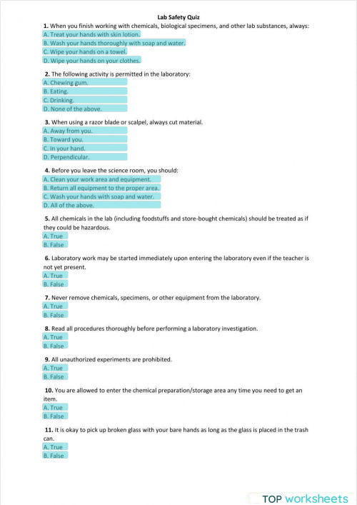 Lab Safety Quiz. Interactive worksheet TopWorksheets