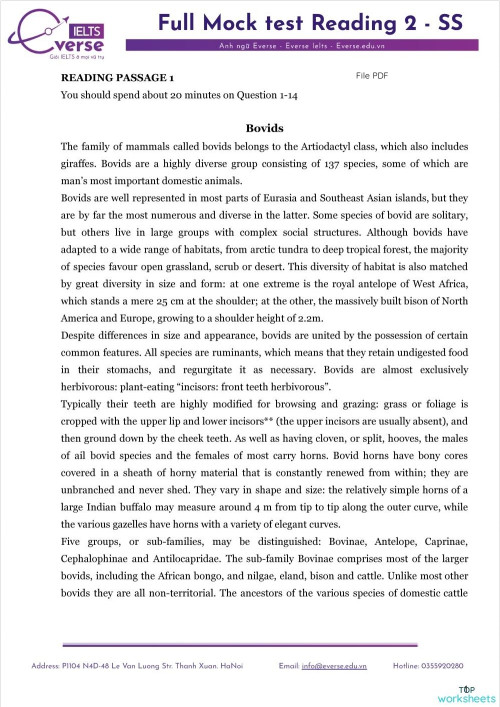 [SS] - Full Reading test 2 (latest). Interactive worksheet | TopWorksheets