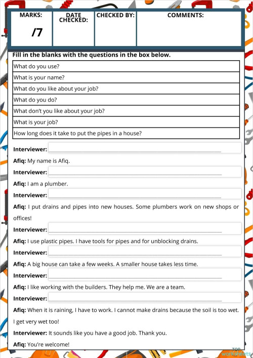 Interview with a plumber *. Interactive worksheet | TopWorksheets