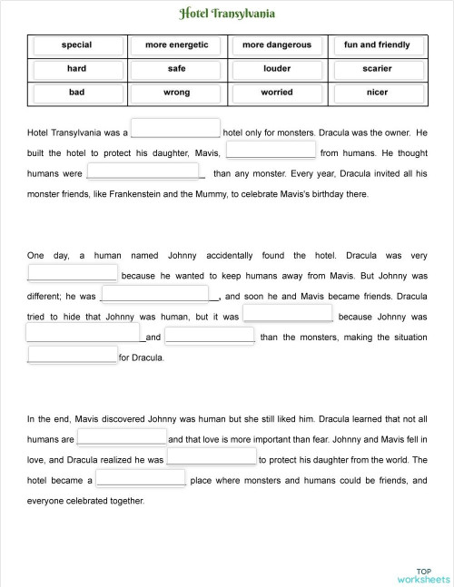 Hotel Transylvania summary A2 adjectives Fill in the blank. Interactive ...