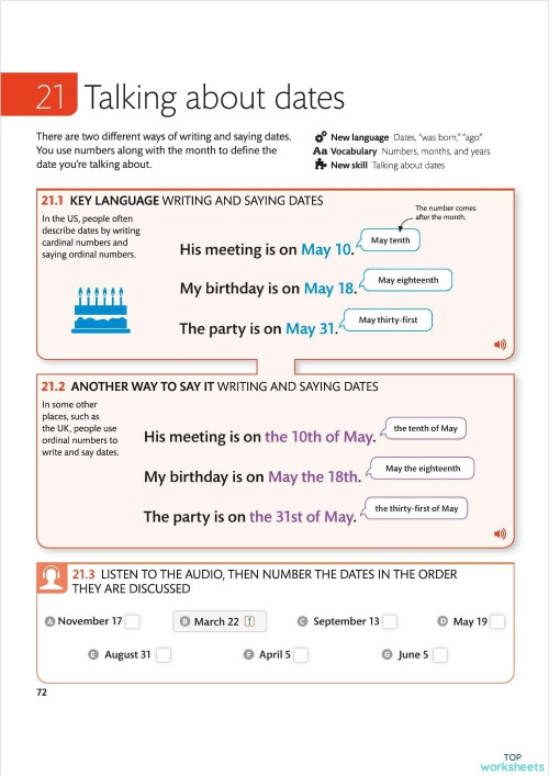 Talking about dates#1. Interactive worksheet | TopWorksheets