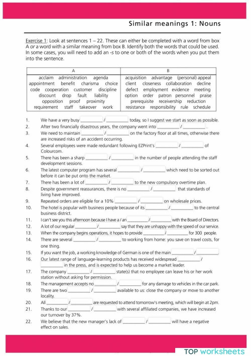 Similar Meanings NOUNS 1 Business Vocabulary. Interactive worksheet