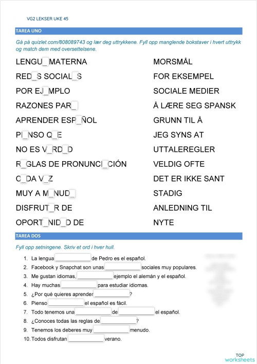 LEKSER: uke 45 (VG2). Ficha interactiva | TopWorksheets