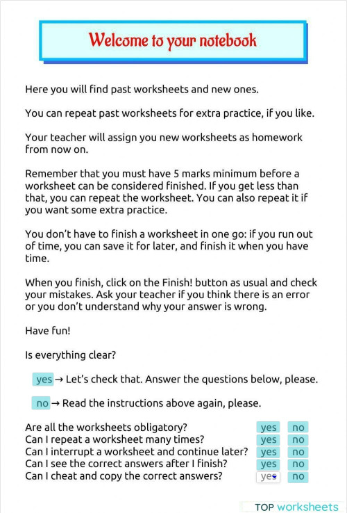 Welcome to your notebook. Interactive worksheet | TopWorksheets