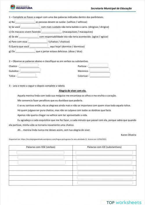 Terminações isse - ice. Ficha interativa | TopWorksheets