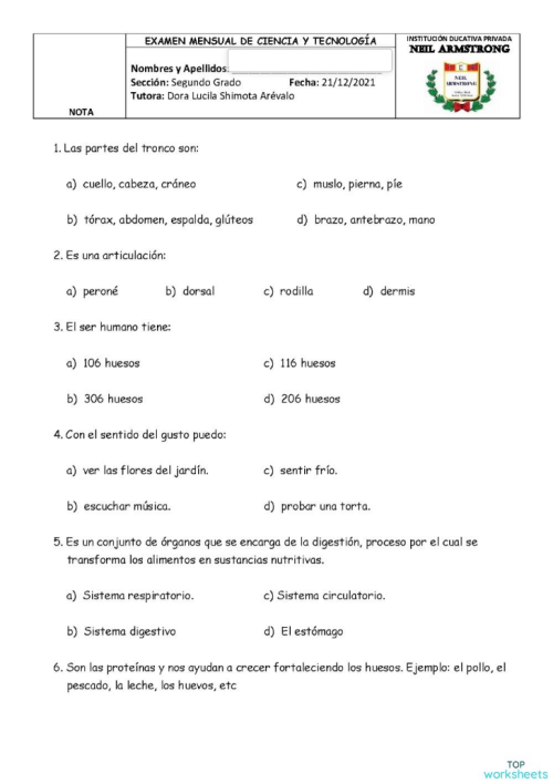 EXAMEN FINAL DE CIENCIA Y TECNOLOGÍA. Ficha interactiva | TopWorksheets