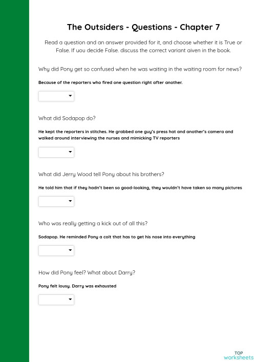 The Outsiders - Questions - Chapter 7. Interactive worksheet ...