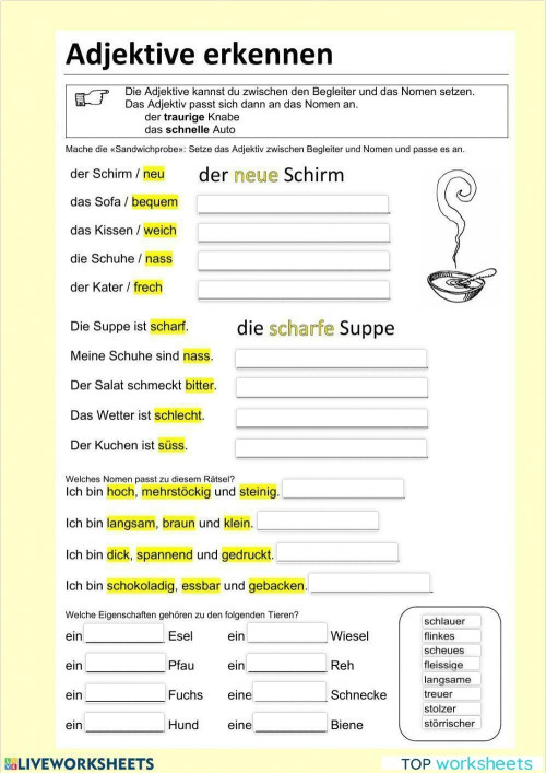 Adjektive erkennen. Interaktives Arbeitsblatt | TopWorksheets