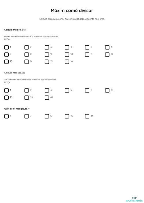 Màxim comú divisor. Fitxa interactiva | TopWorksheets
