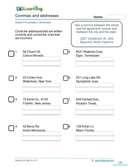 Commas and Addresses. Interactive worksheet | TopWorksheets commas-and-addresses-interactive-worksheet-topworksheets