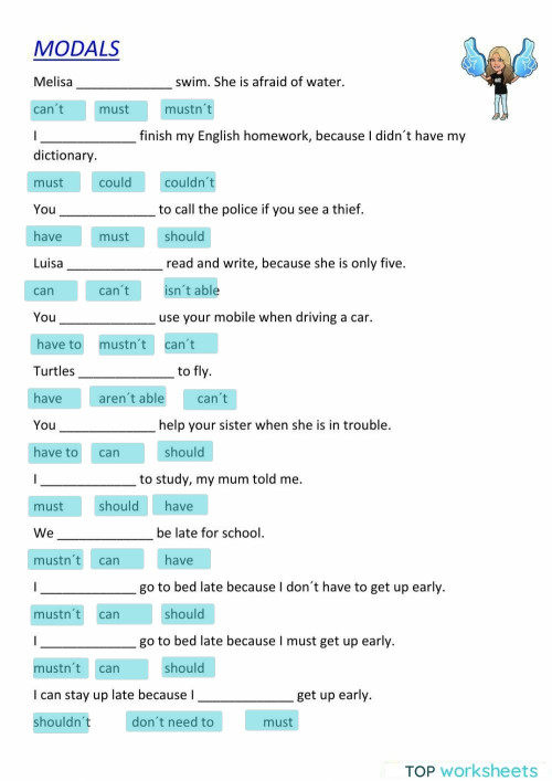 Modals. Interactive worksheet | TopWorksheets