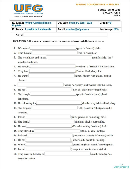 ORDER OF ADJECTIVES. Interactive worksheet | TopWorksheets