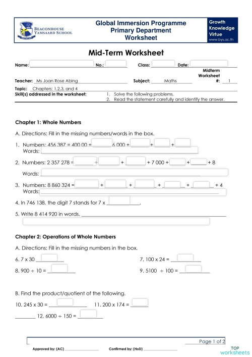 Whole Numbers and Operations of Whole Numbers. Interactive worksheet ...