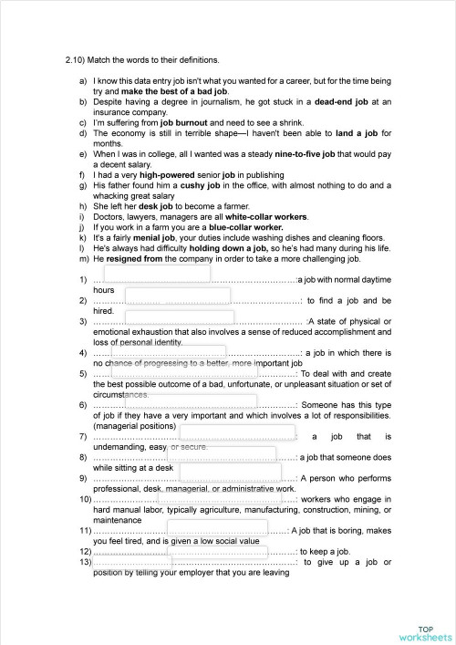 EXTENSION ACTIVITYVOCABULARY (JOBS). Interactive worksheet TopWorksheets