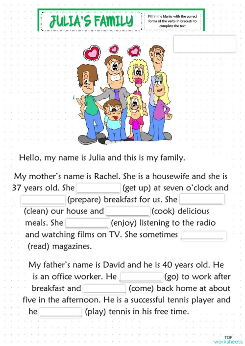 Present simple Julia's family ใบงานเชิงโต้ตอบ TopWorksheets