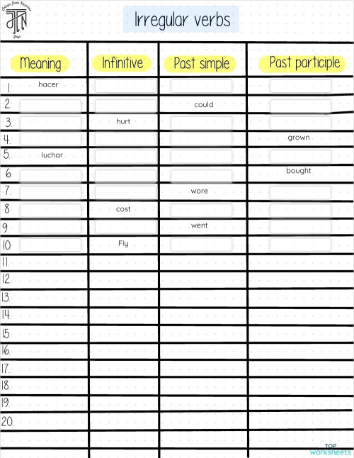 VERBOS IRREGULARES (Copia). Ficha interactiva | TopWorksheets