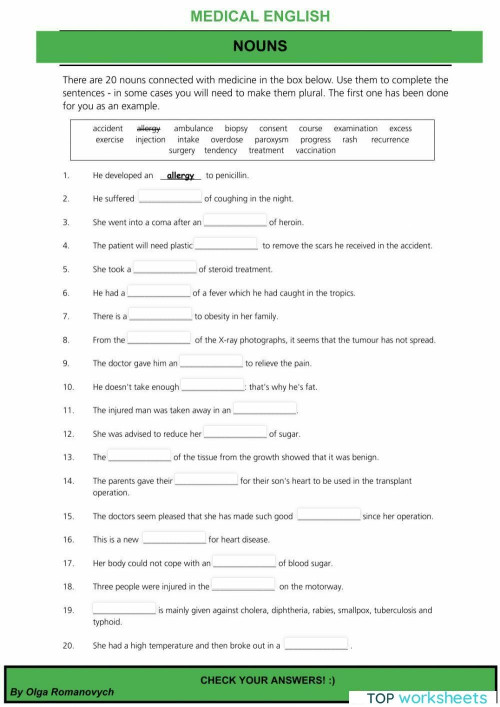 Medical English NOUNS. Interactive worksheet TopWorksheets