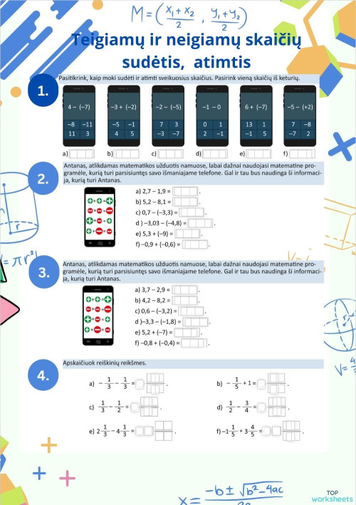 Teigiamų ir neigiamų skaičių sudėtis, atimtis. Interactive worksheet ...