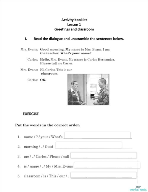 Greetings and classroom. Ficha interactiva | TopWorksheets