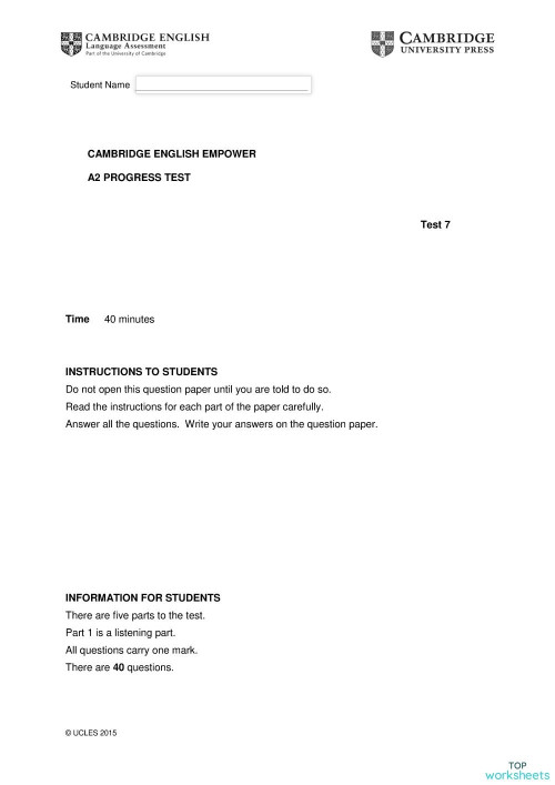 Unit 7 Progress test Empower A2. Interactive worksheet | TopWorksheets