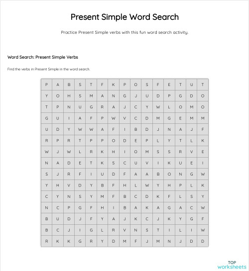 Present Simple Word Search. Interactive worksheet | TopWorksheets
