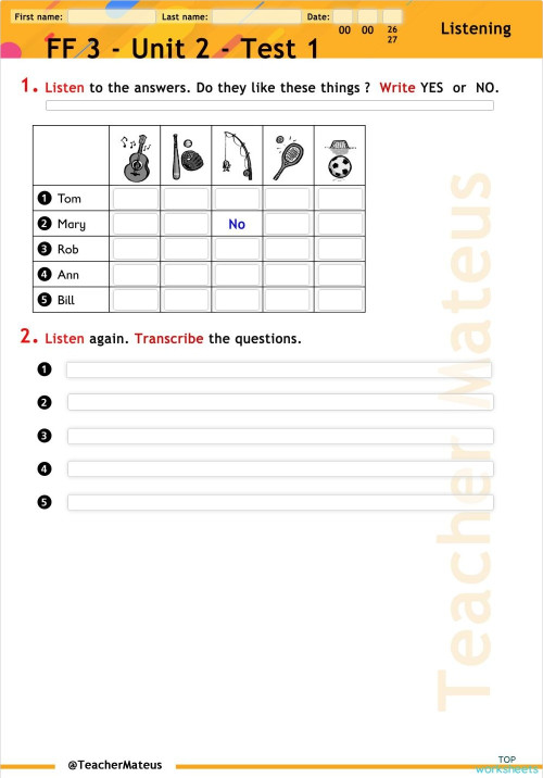 FF 3 - Unit 2 - Test 1 - Listening. Interactive worksheet | TopWorksheets