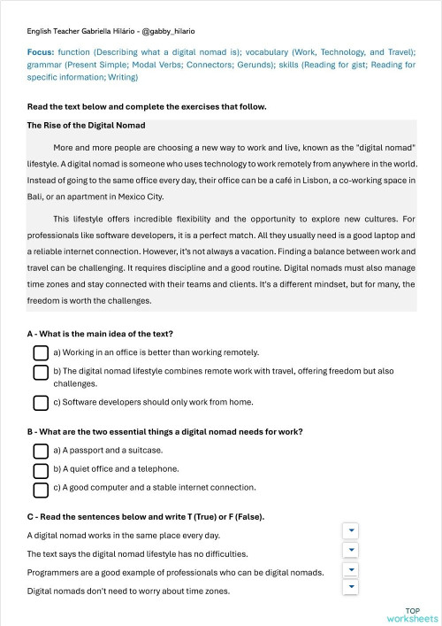 READING A2+ - The Rise of the Digital Nomad. Interactive worksheet ...