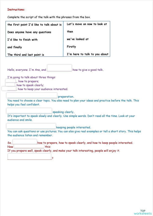 Giving a good talk. Interactive worksheet | TopWorksheets