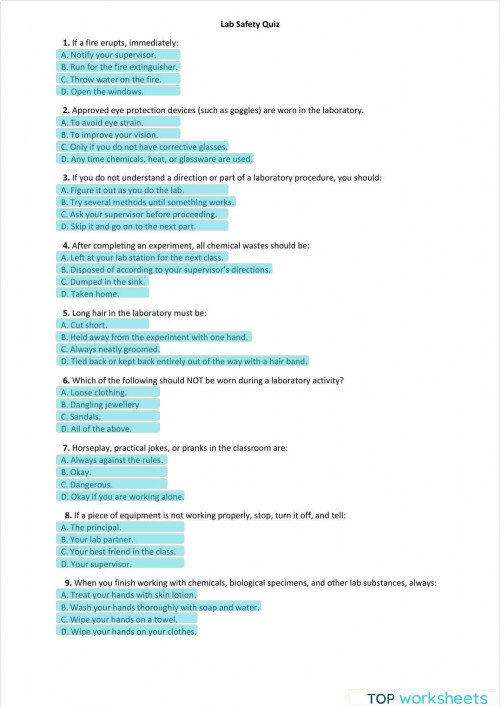Lab Safety Quiz. Interactive worksheet TopWorksheets