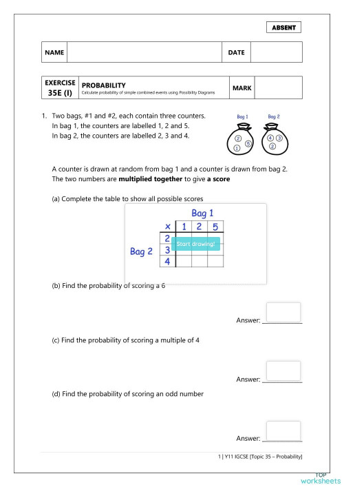 Probability of Simple Combined Events using Possibility diagram. Interactive worksheet