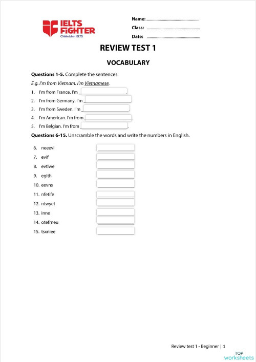 NGL BEREVIEW TEST 1. Interactive worksheet TopWorksheets