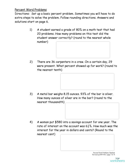 Percent Word Problems Math 5/09. Interactive worksheet | TopWorksheets