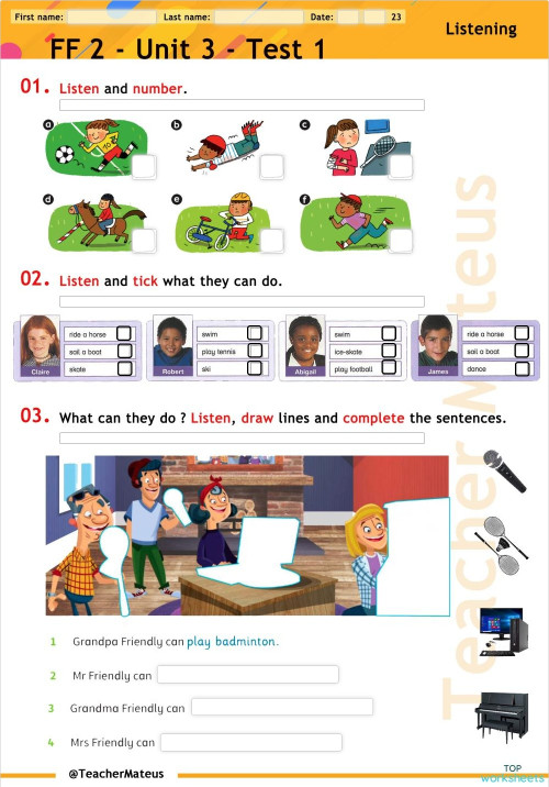 FF 2 - Unit 03 - Test 1 - Listening. Interactive worksheet | TopWorksheets