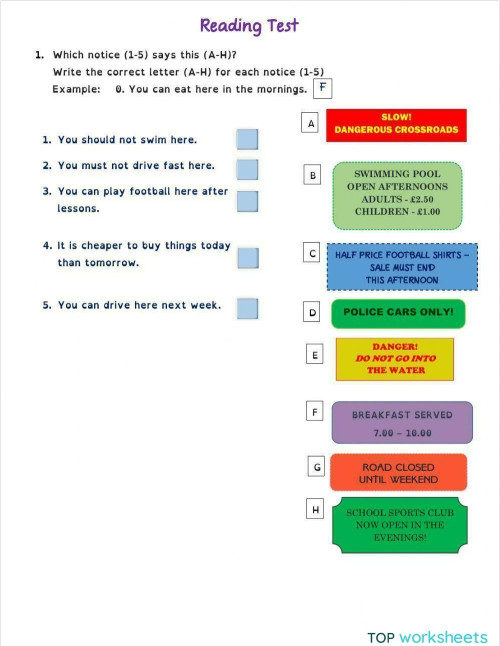 Reading Test 1. Interactive worksheet | TopWorksheets