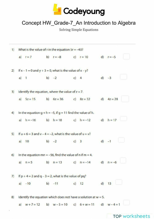 Solving Simple Equations Concept HW. Interactive worksheet | TopWorksheets
