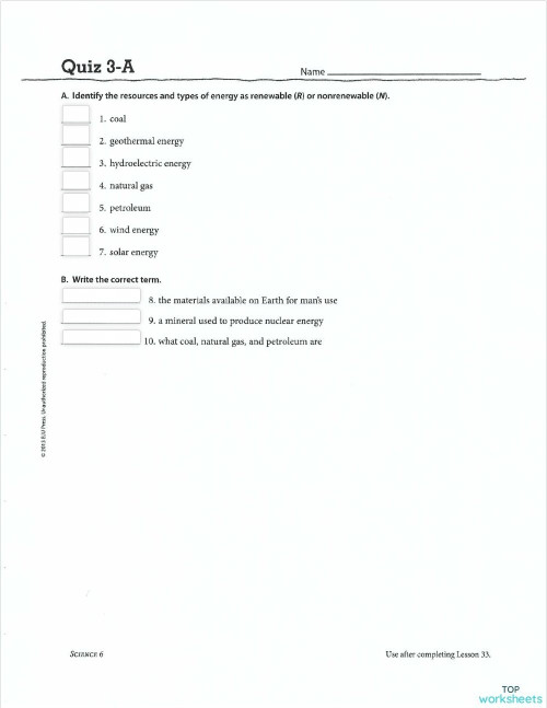 Science 6 Quiz 3A. Interactive worksheet | TopWorksheets