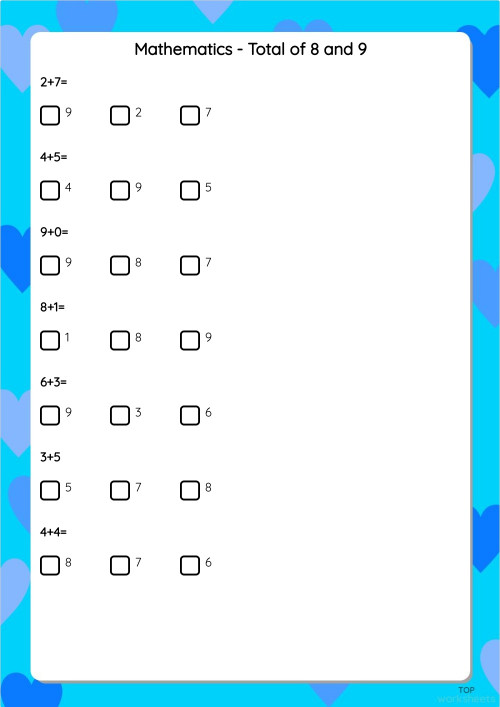 Mathematics - Total of 8 and 9. Interactive worksheet | TopWorksheets