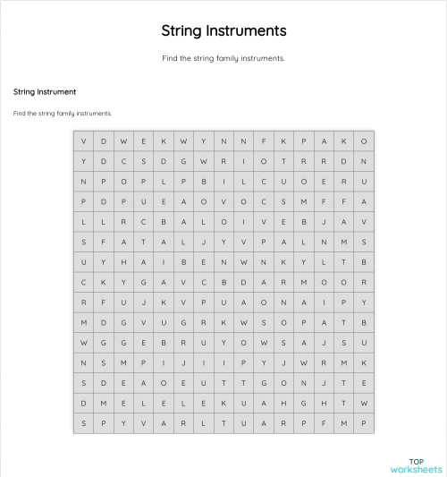 String Instruments. Interactive worksheet | TopWorksheets