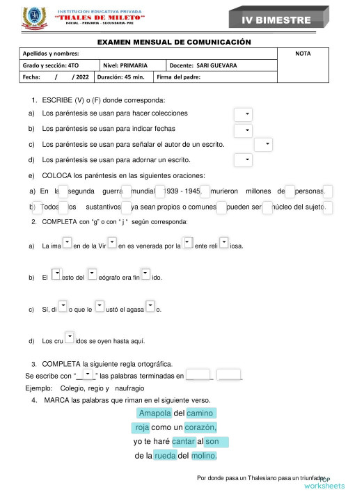 EXAMEN MENSUAL DE COMUNICACIÓN 4º GRADO. Ficha interactiva | TopWorksheets