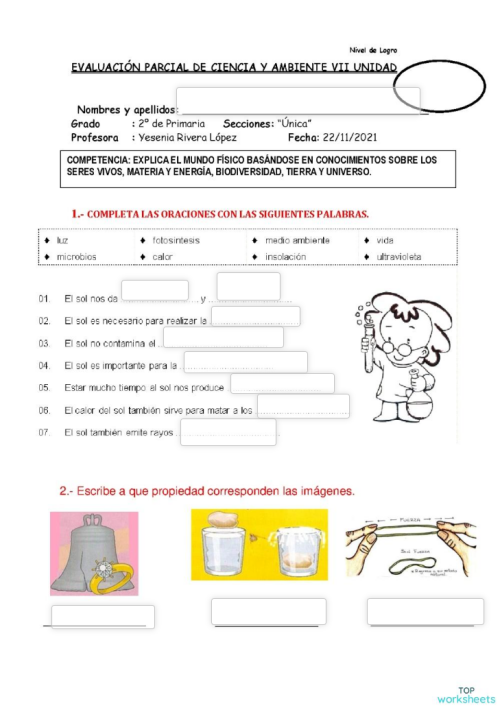 EVALUACIÓN PARCIAL DE CIENCIA Y AMBIENTE VII UNIDAD. Ficha interactiva ...