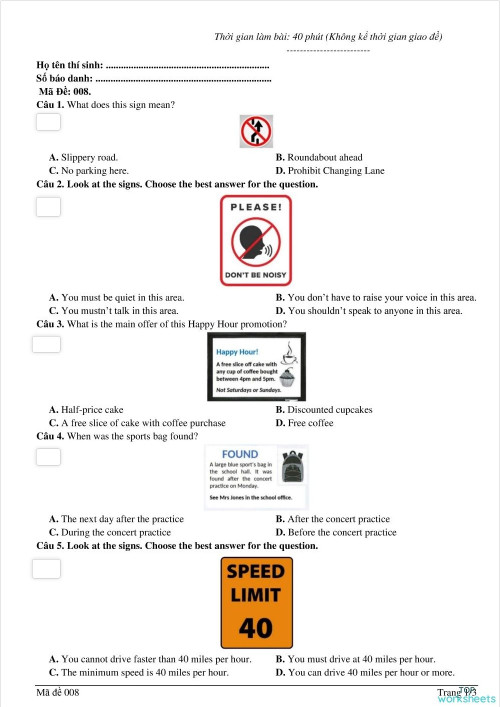 TEST 08 - SIGNS. Interactive worksheet | TopWorksheets