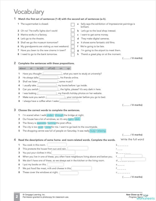 Close-up A2 Progress Test 3 Vocabulary. Interactive worksheet ...