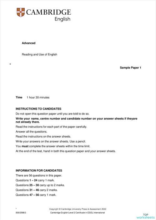 CAE - RUE - Sample Test. Interactive worksheet | TopWorksheets