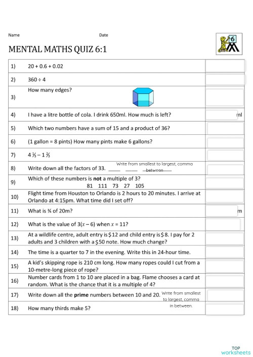 Year 6 maths mentals quiz 1 interactive worksheet topworksheets