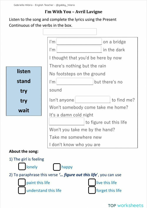 Present Continuous - I'm With You, Avril Lavigne. Interactive worksheet ...