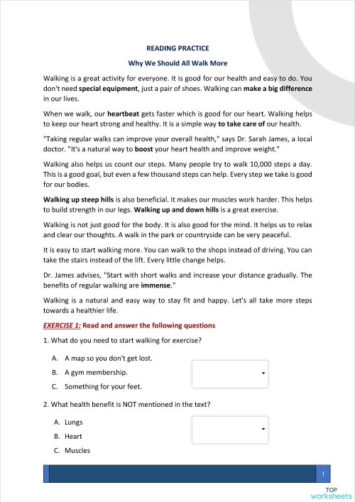 WHY WE SHOULD ALL WALK MORE. Interactive worksheet | TopWorksheets