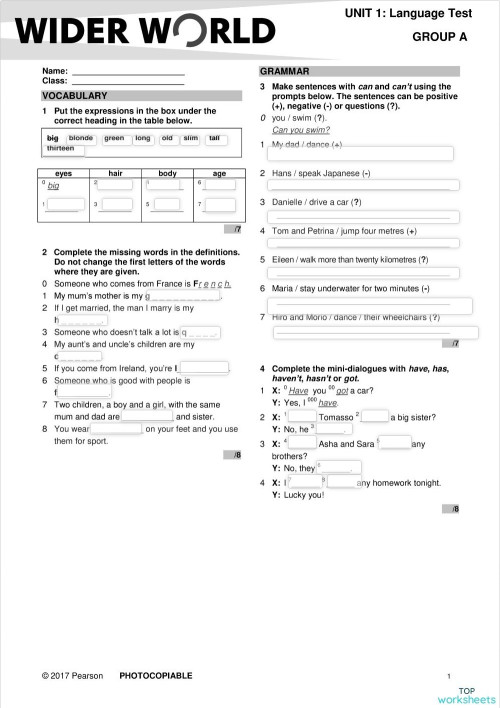 Wider world 1 Language test 1A. Interactive worksheet | TopWorksheets