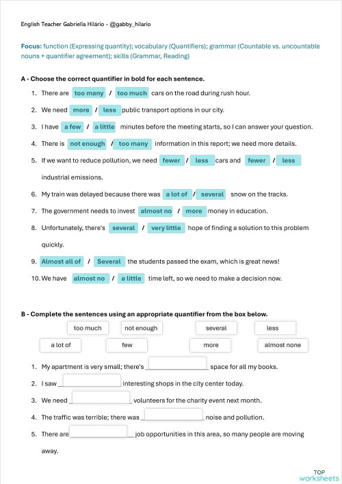 U2 - Quantifiers. Interactive worksheet | TopWorksheets