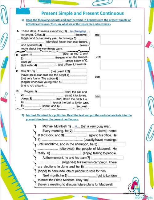 Present simple and present continuous practice. Interactive worksheet ...
